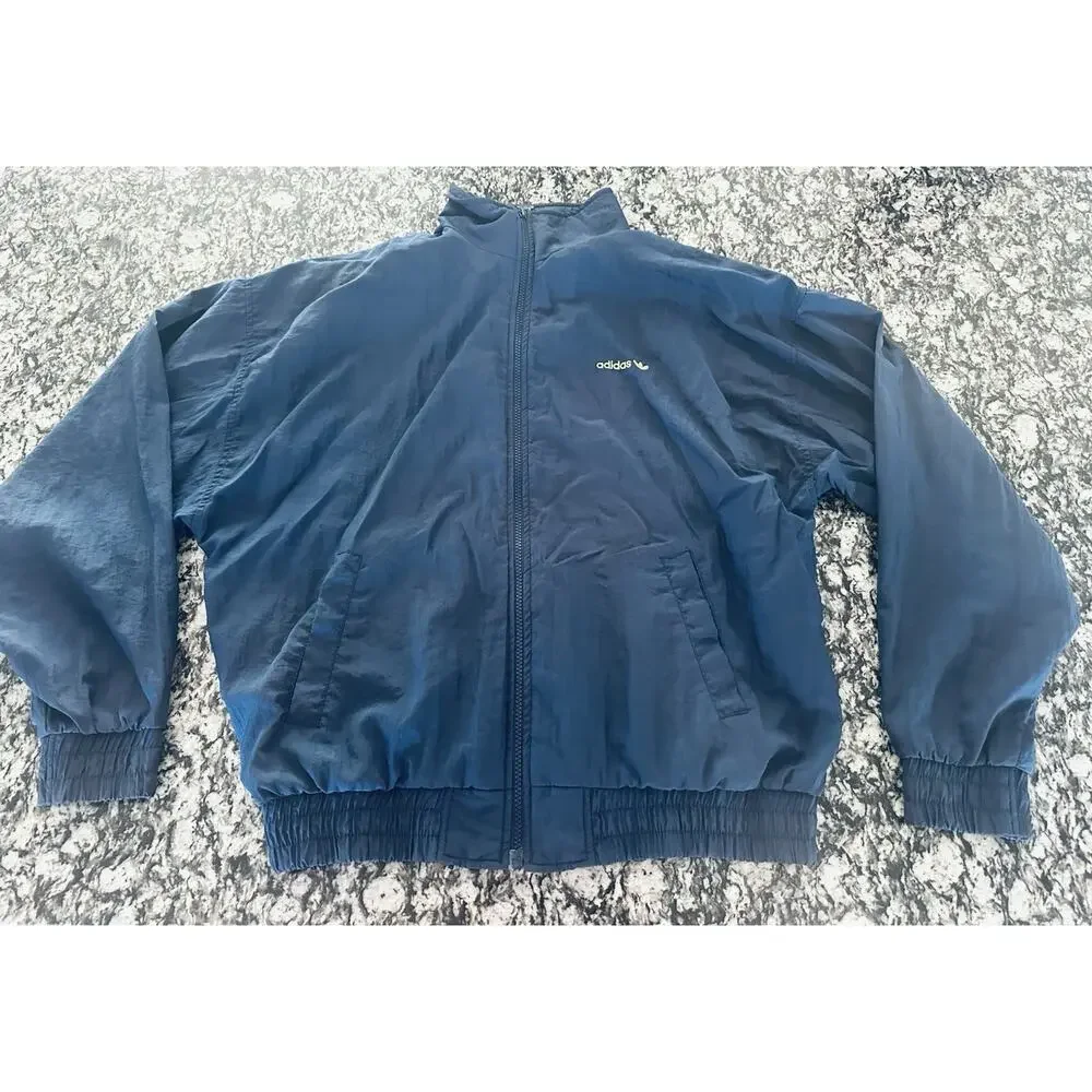 Vintage Adidas Jacket Mens Medium Blue Nylon Trefoil Zip Windbreaker 80s Classic